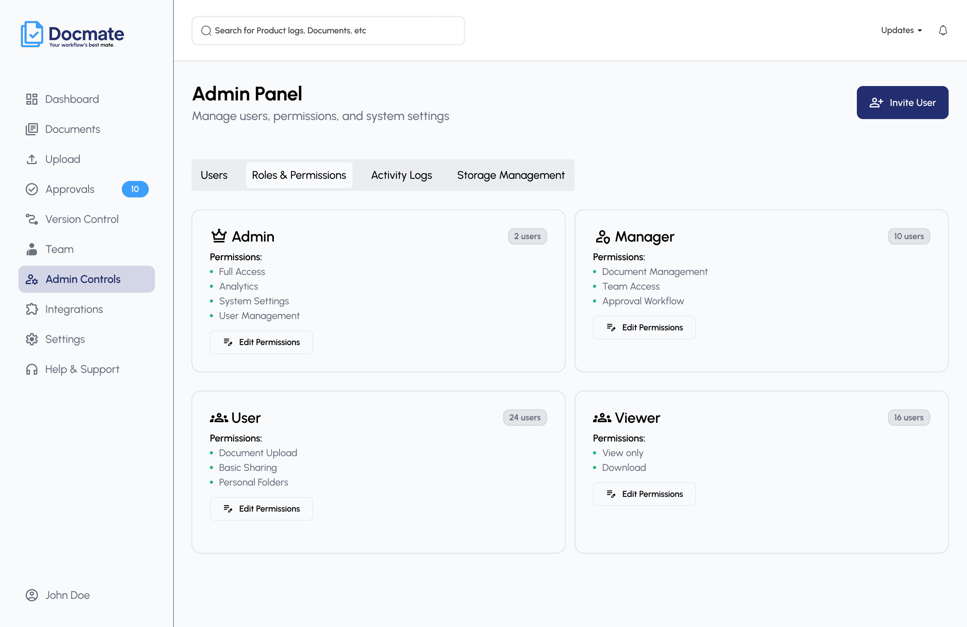 AsteraDocs roles & permissions view showing Admin, Manager, User, and Viewer roles with their permission sets and user counts.