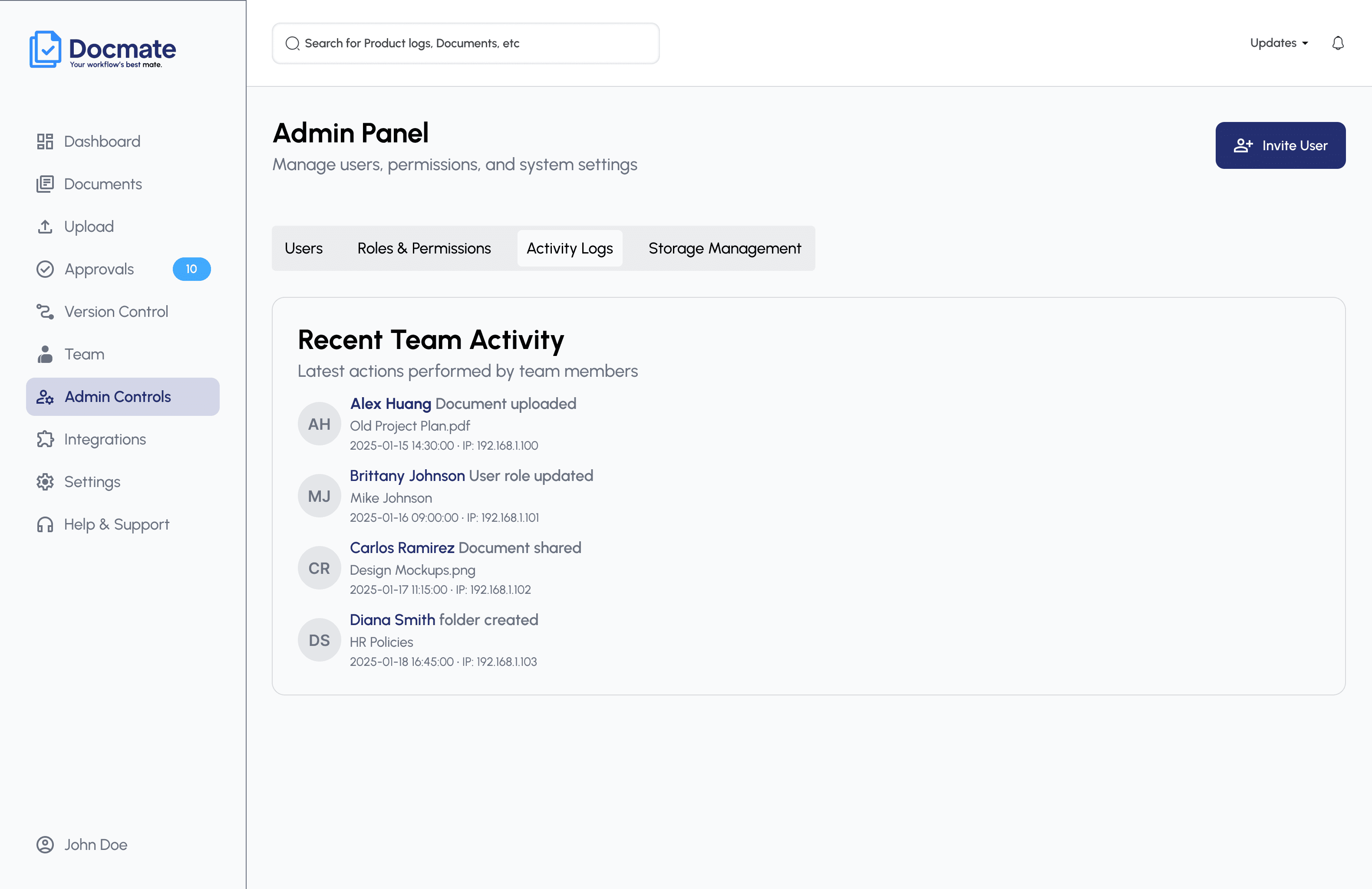 AsteraDocs activity logs view listing recent team actions with user, action type, timestamp, and IP address.