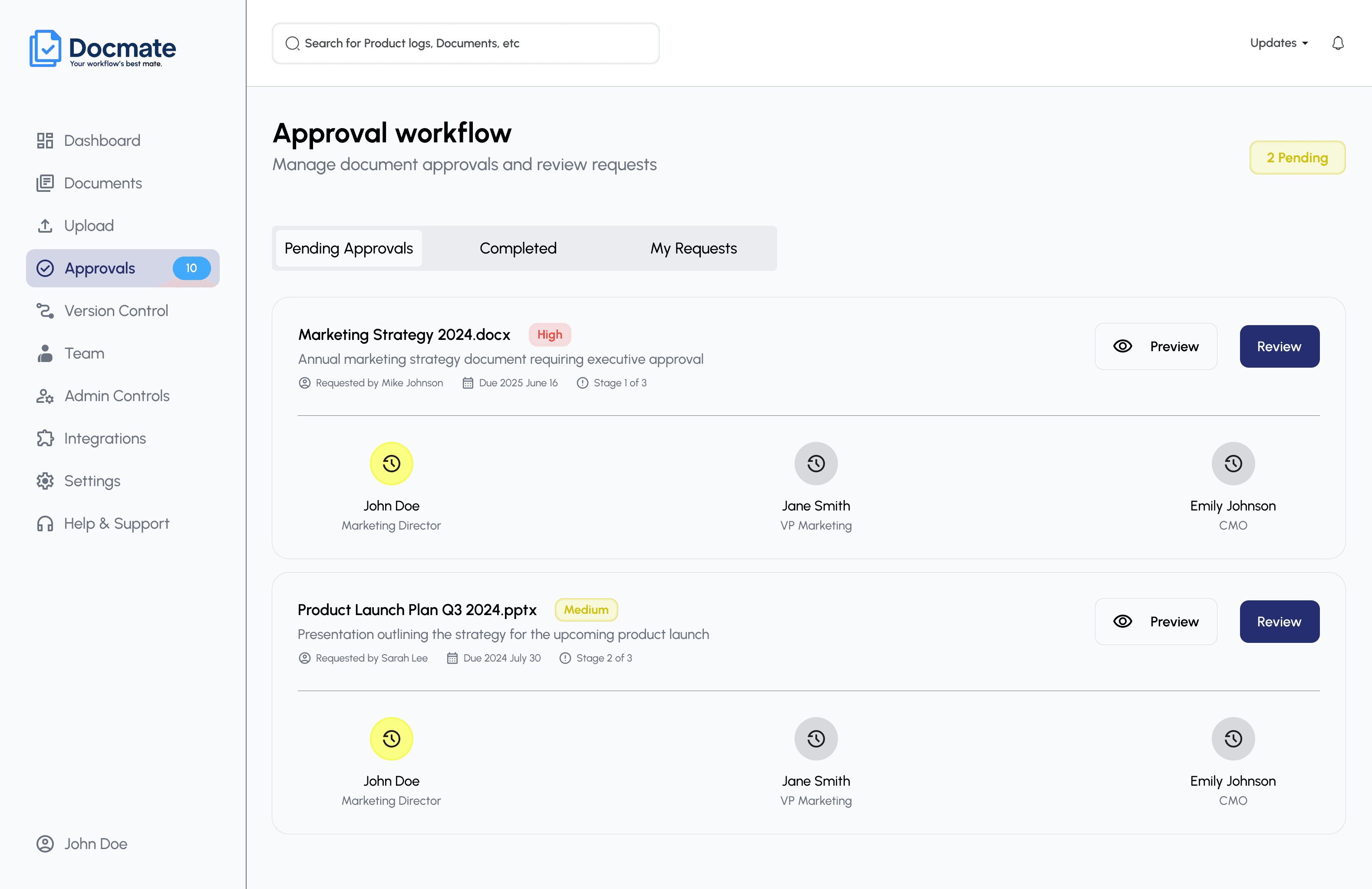 AsteraDocs pending approvals view showing a document in a multi-stage review chain — Marketing Director, VP Marketing, and CMO — with stage progress indicated.