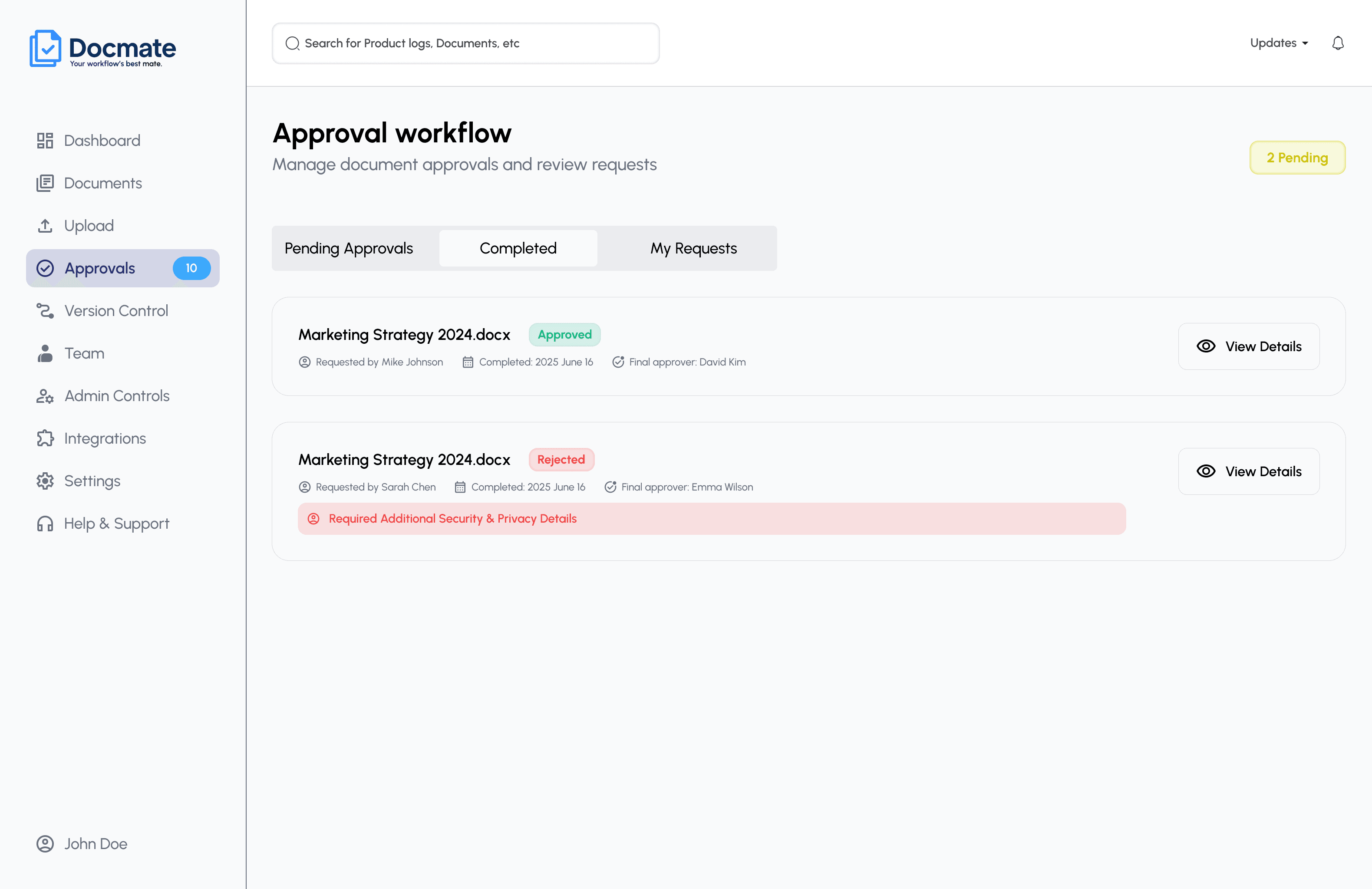 AsteraDocs completed approvals view showing an approved document and a rejected document with a recorded reason.