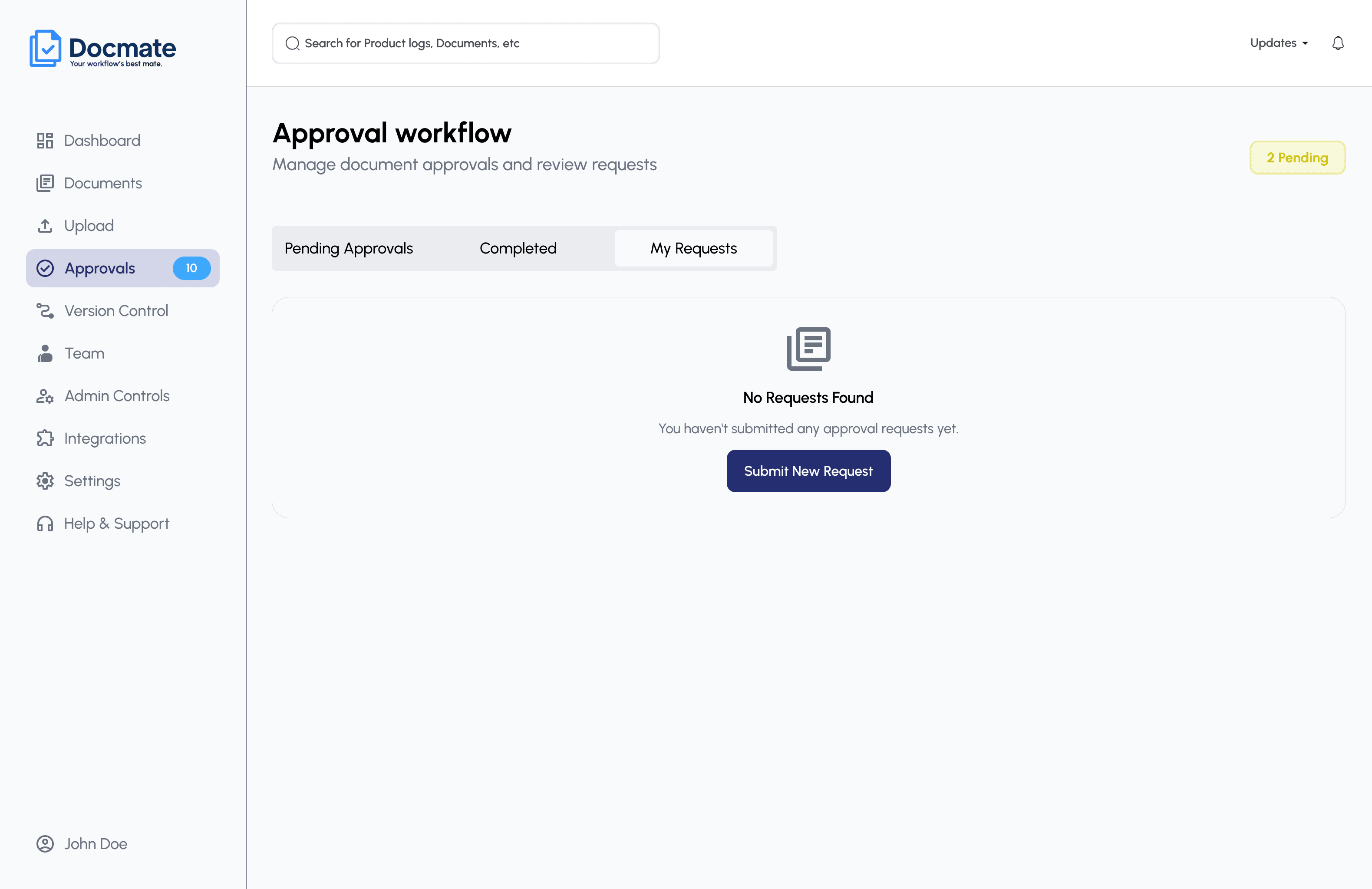 AsteraDocs my requests view within the approval workflow, shown in its empty state with an option to submit a new approval request.
