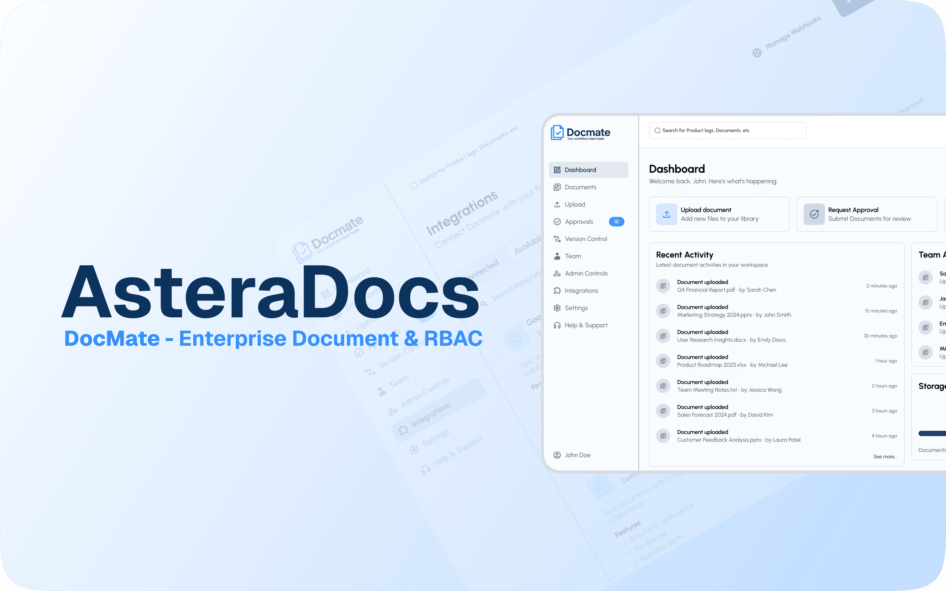 AsteraDocs dashboard showing document activity, recent documents, team activity, and storage usage.