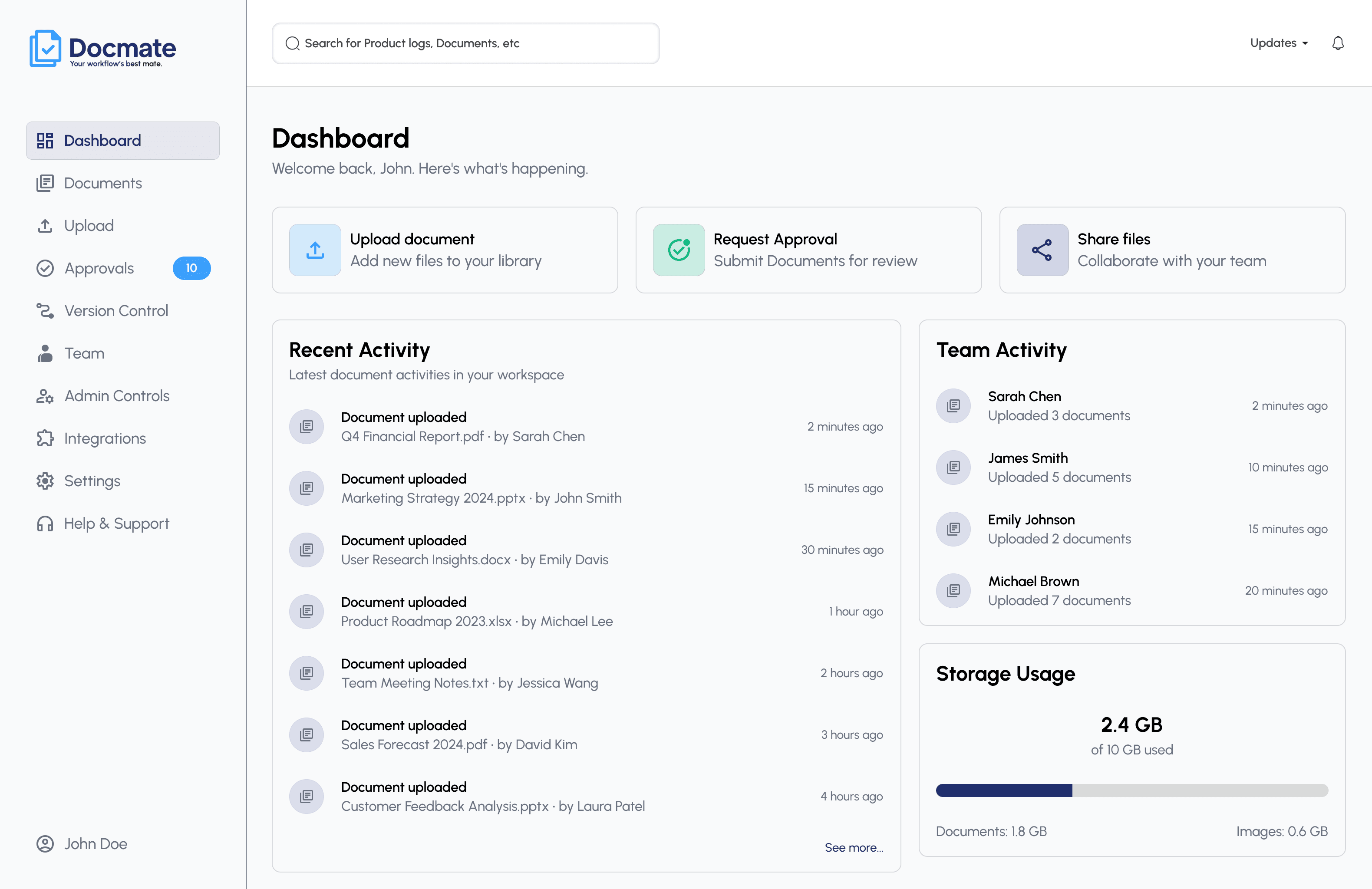 AsteraDocs dashboard showing document activity, recent documents, team activity, and storage usage.