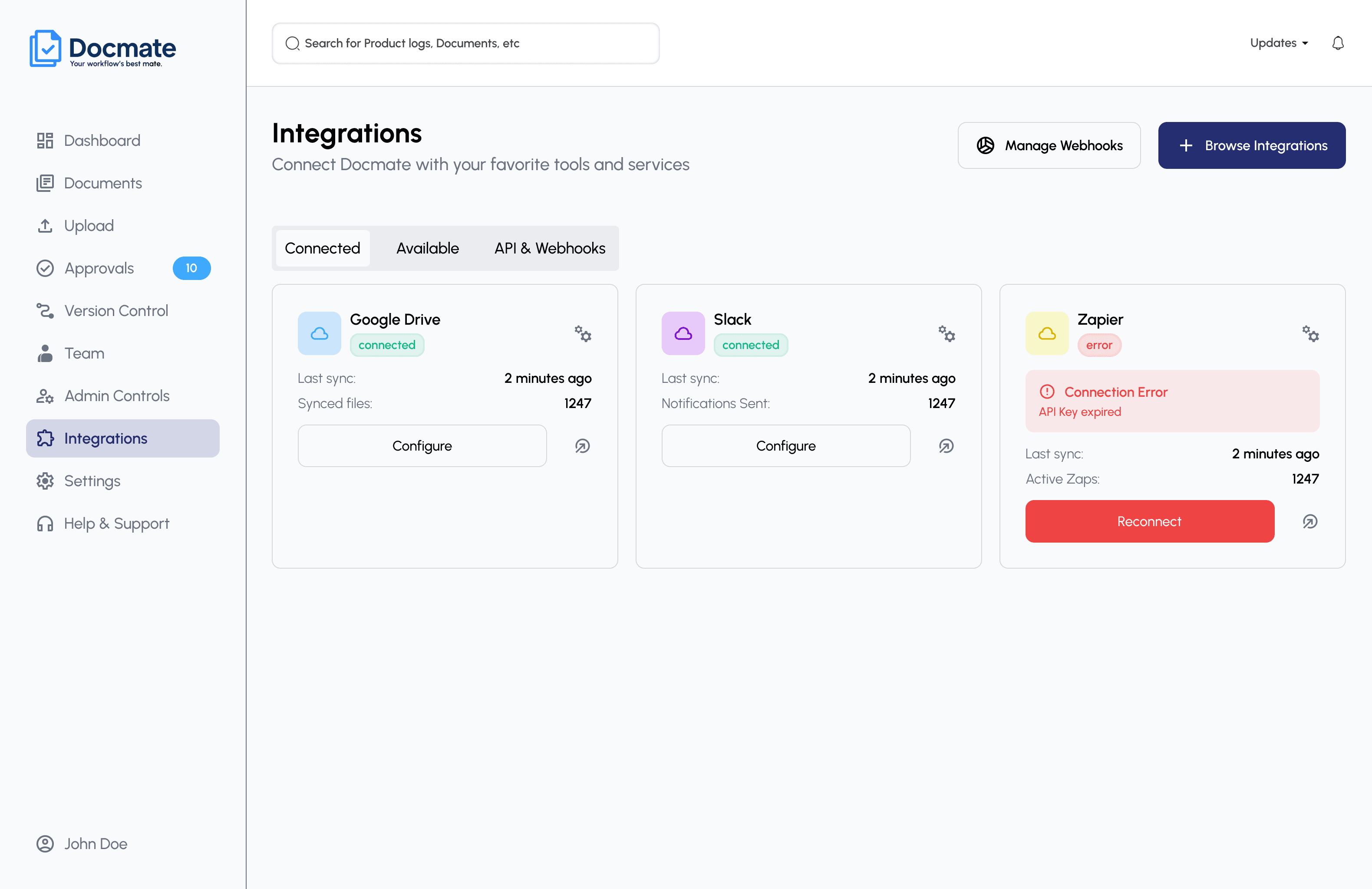 AsteraDocs connected integrations view showing Google Drive and Slack connected successfully, and Zapier showing a connection error with an expired API key.