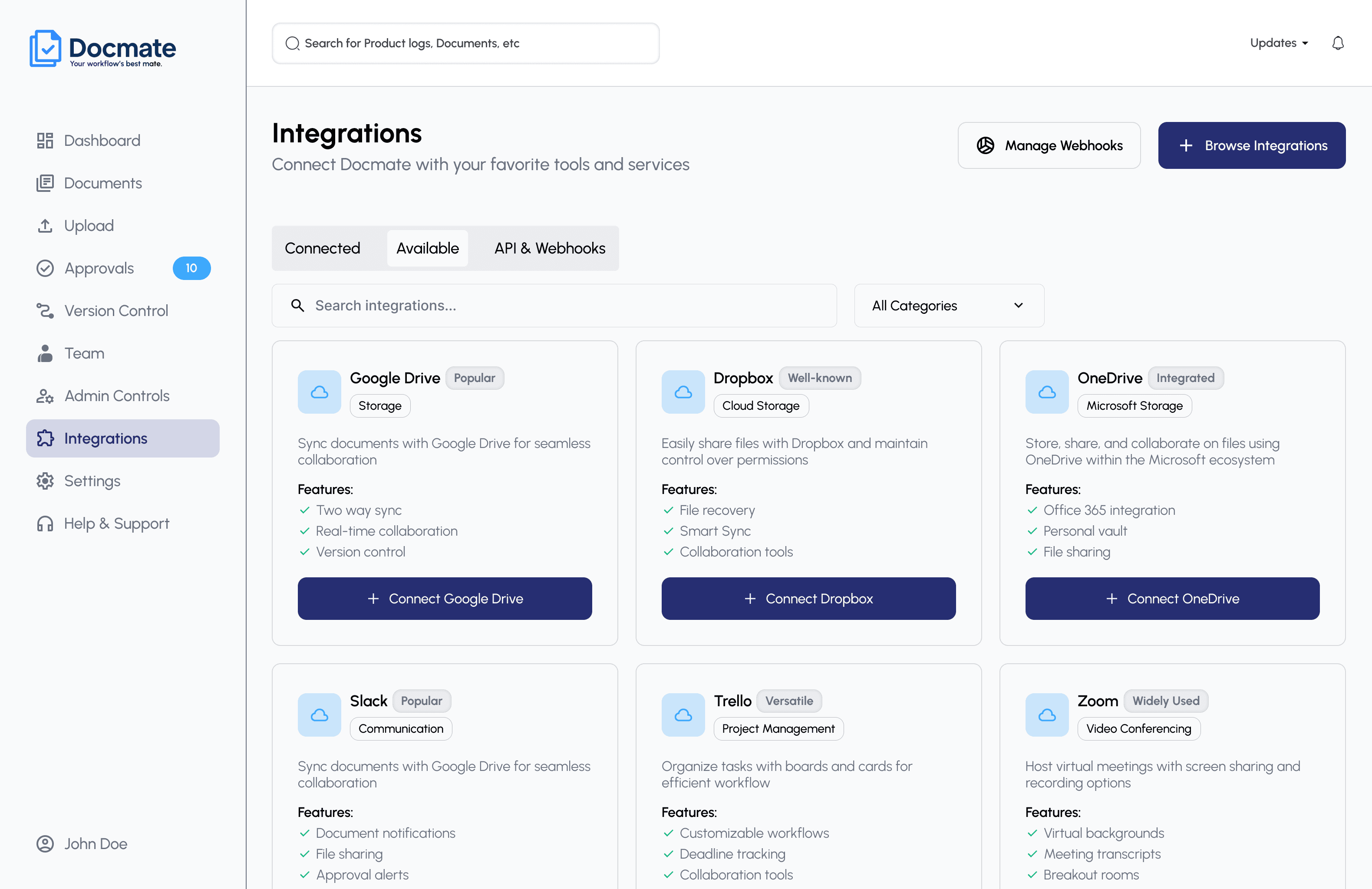 AsteraDocs available integrations view showing Google Drive, Dropbox, OneDrive, Slack, Trello, and Zoom with feature lists and connect buttons.