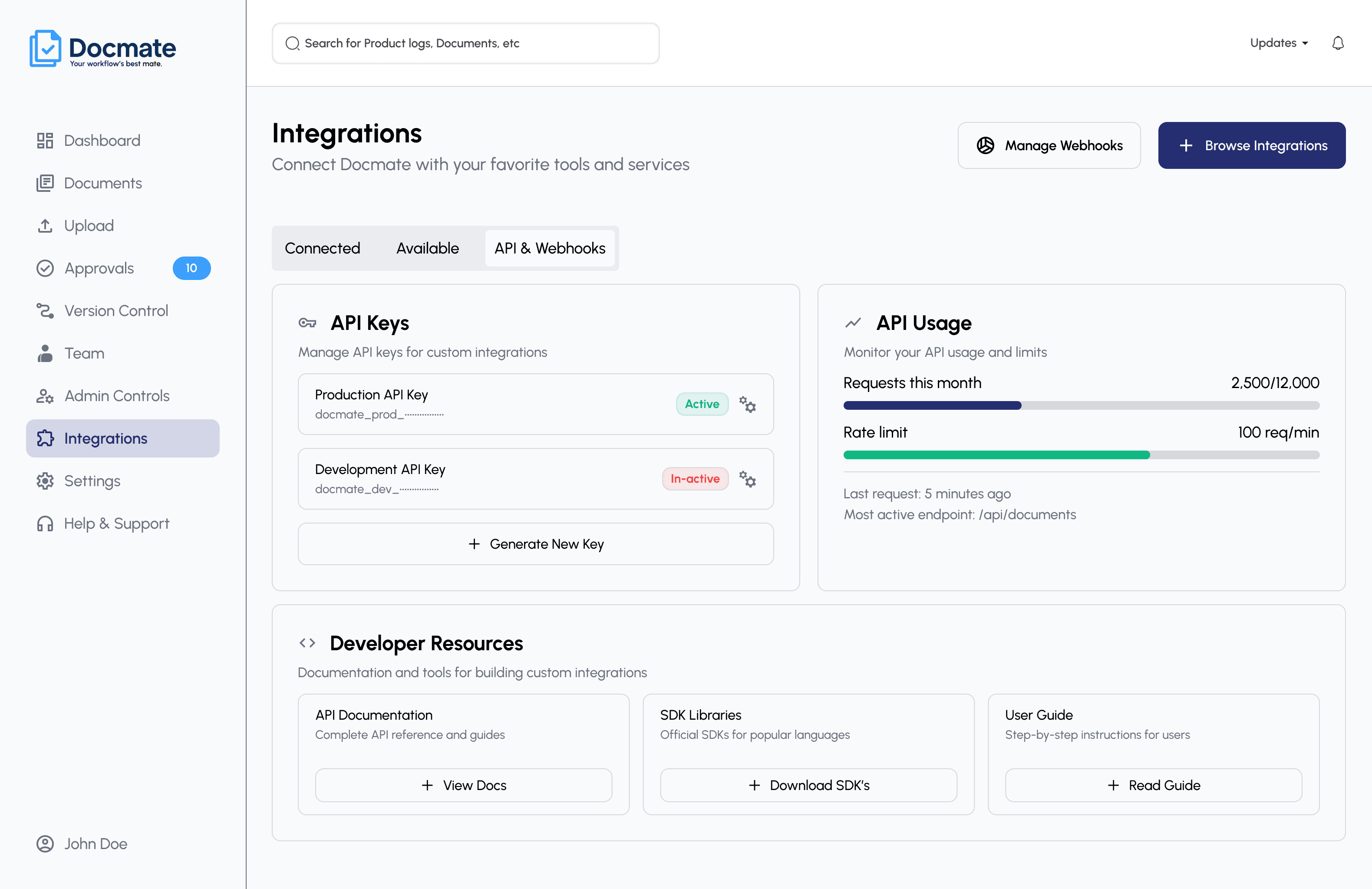 AsteraDocs API & webhooks view showing API key management and API usage monitoring.