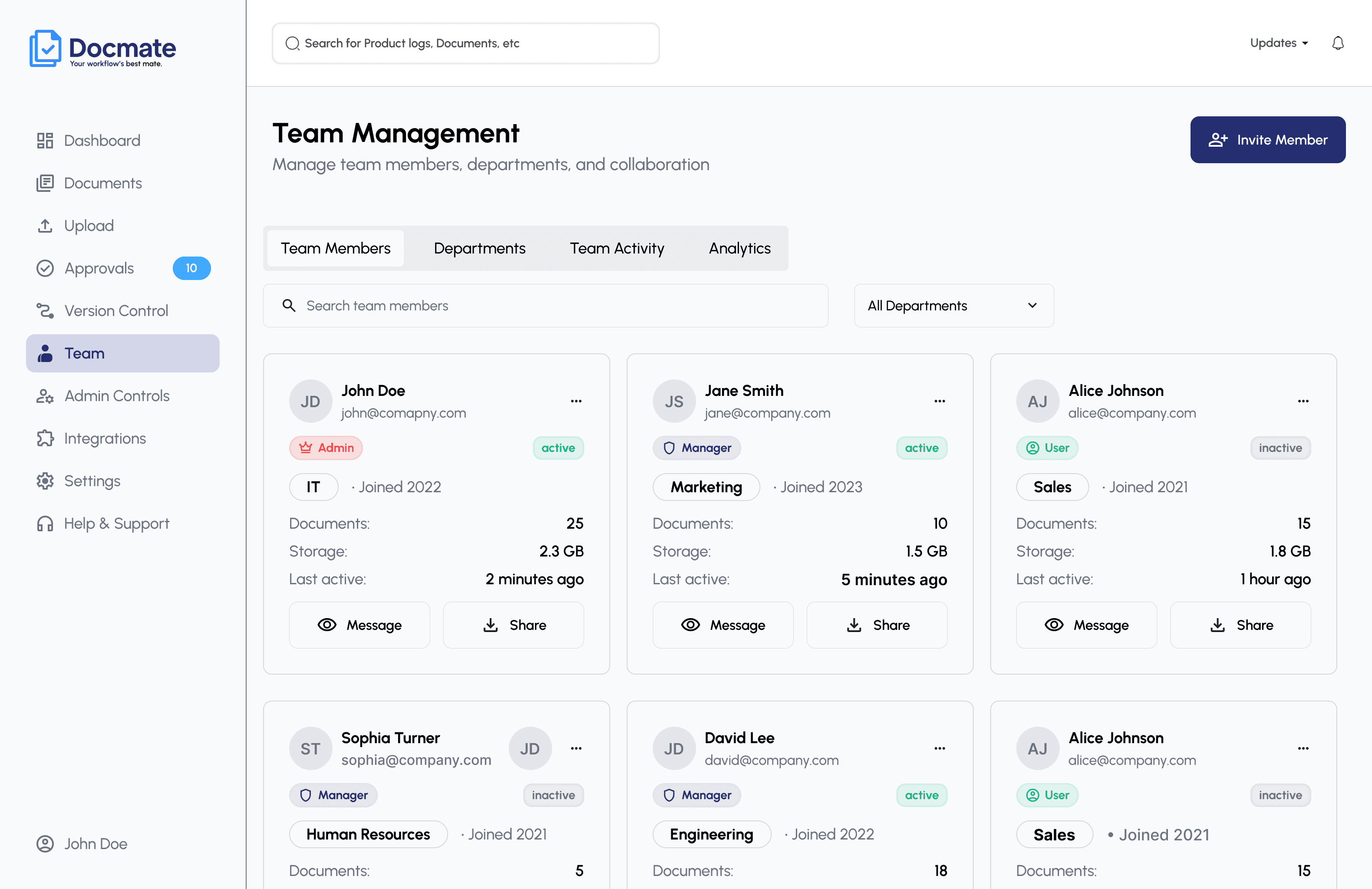 AsteraDocs team members view showing member cards with role, department, storage, and last-active status.