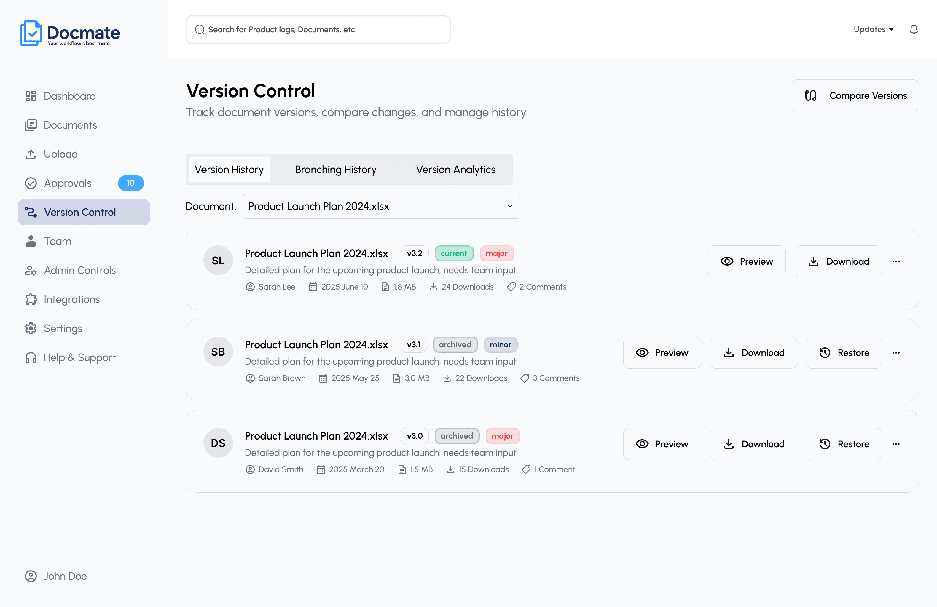 AsteraDocs version history filtered to a single document, showing its v3.2 current version alongside two earlier archived versions with author and change details.