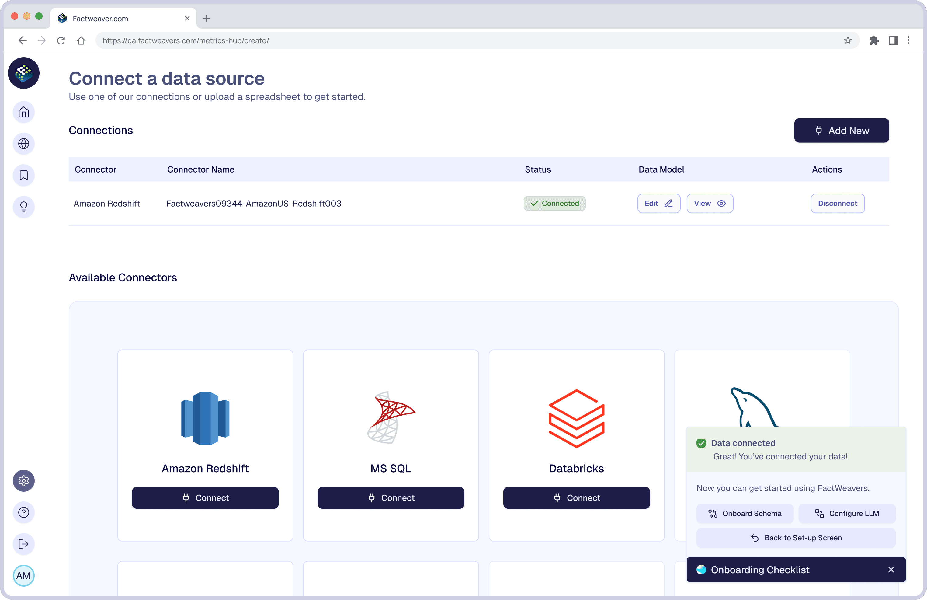 FactWeavers connect-a-data-source screen showing an active Amazon Redshift connection and available connectors including MS SQL and Databricks.