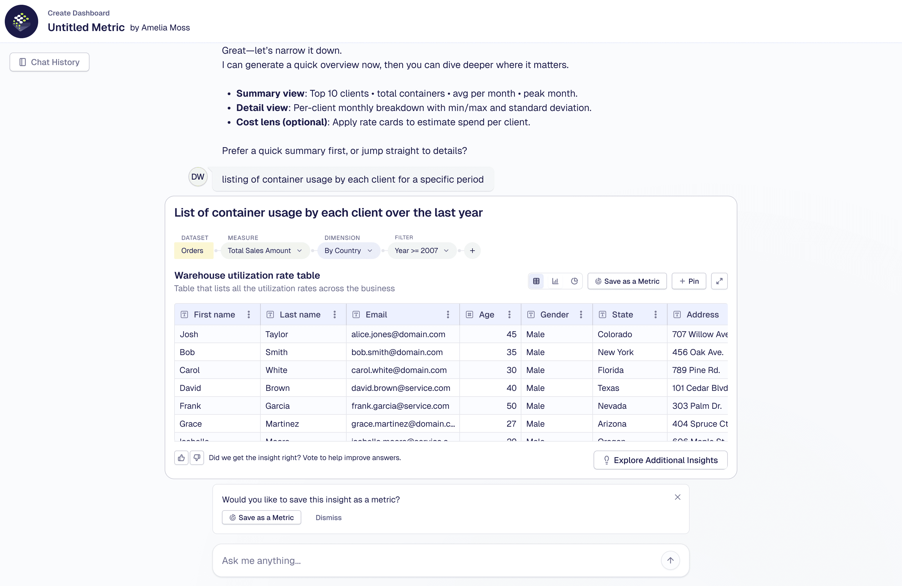 FactWeavers conversational metric creation showing a natural-language request and a generated tabular result with a save-as-metric prompt.