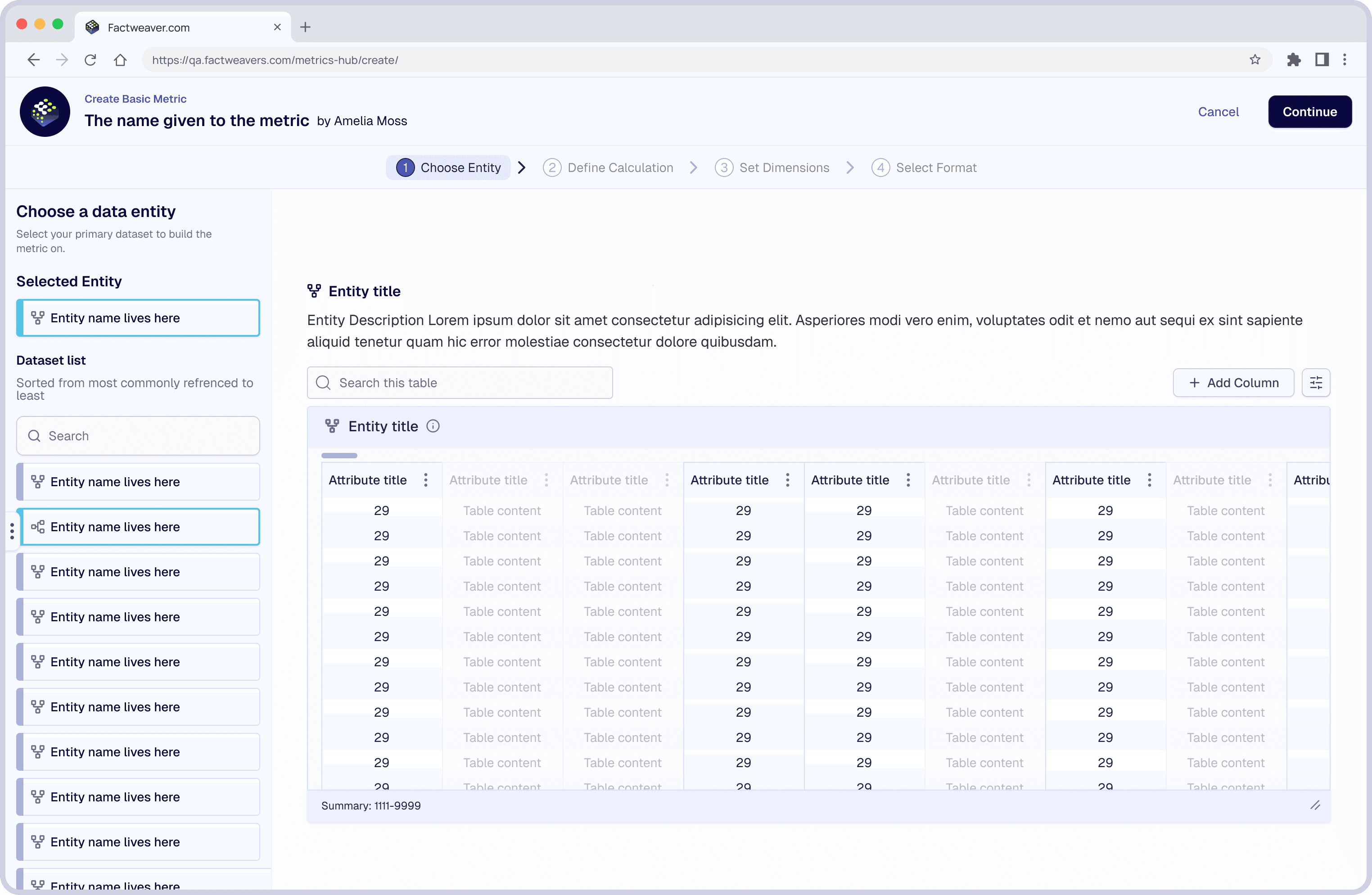 FactWeavers manual metric creation wizard on the Choose Entity step, with a data preview table and step indicator.