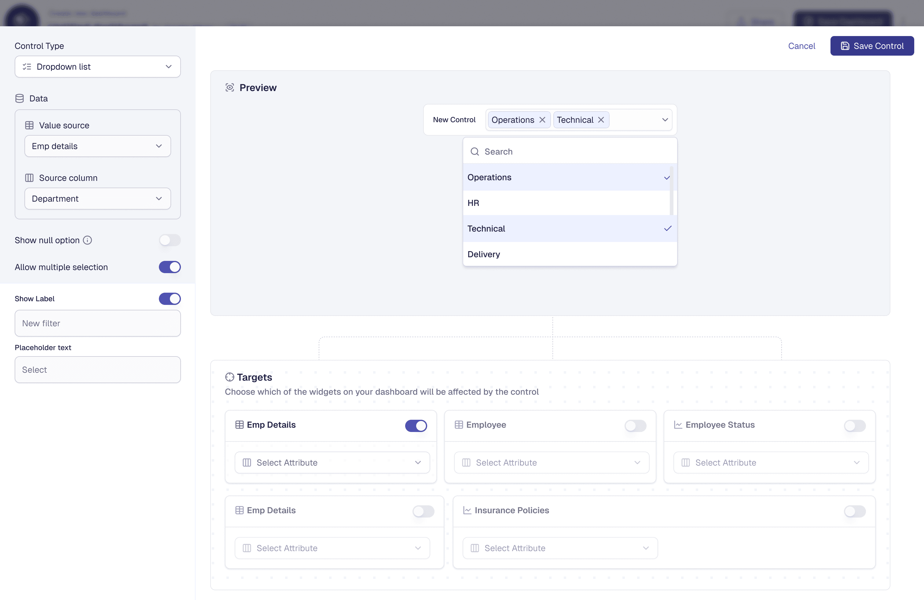 FactWeavers filter control configuration panel, mapping a department dropdown filter to multiple dashboard widgets.