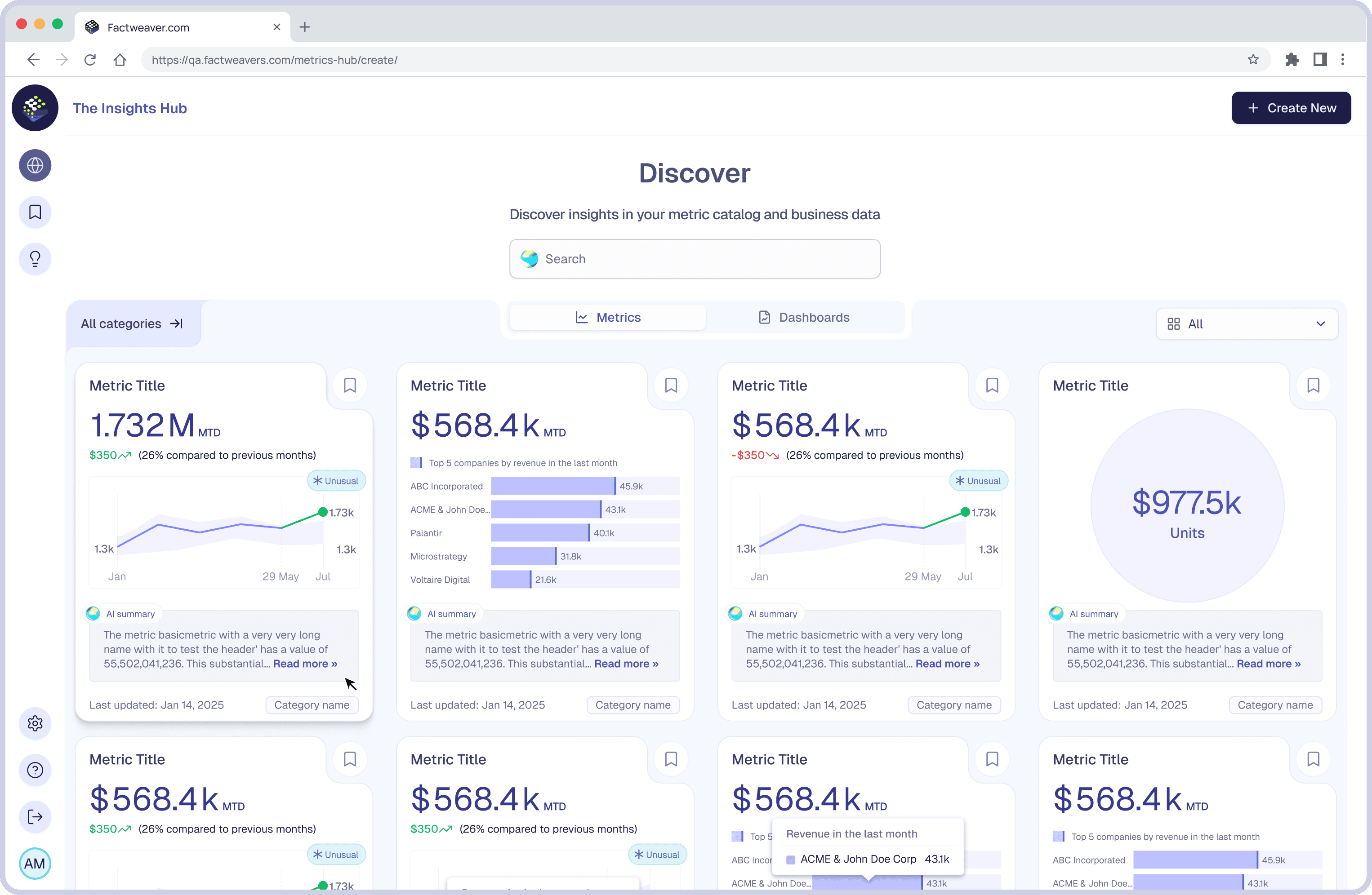 FactWeavers Discover workspace showing an AI-generated container utilisation insight with a chart and top-clients breakdown.