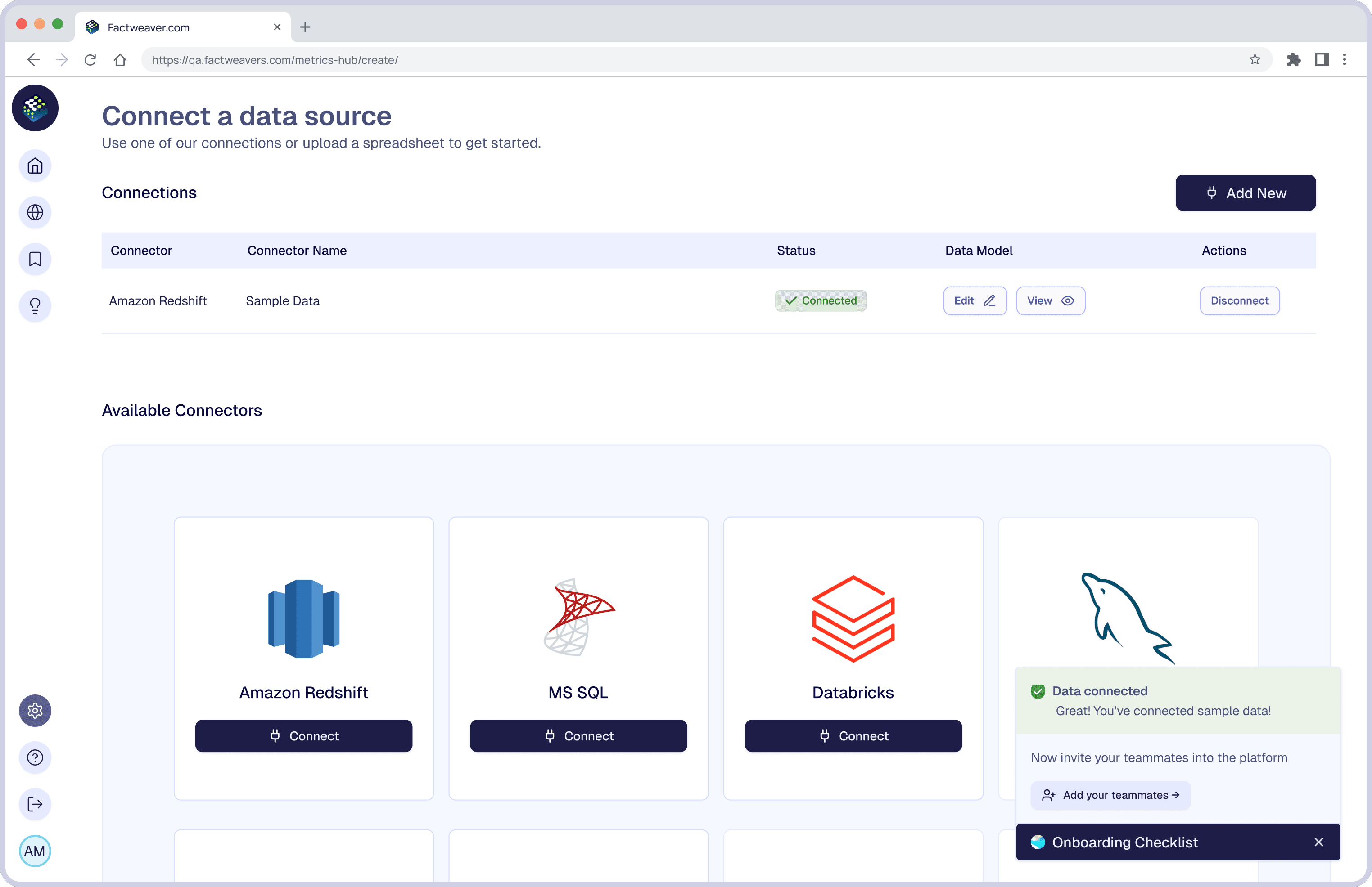 FactWeavers onboarding confirmation after connecting sample data, prompting the user to invite teammates next.