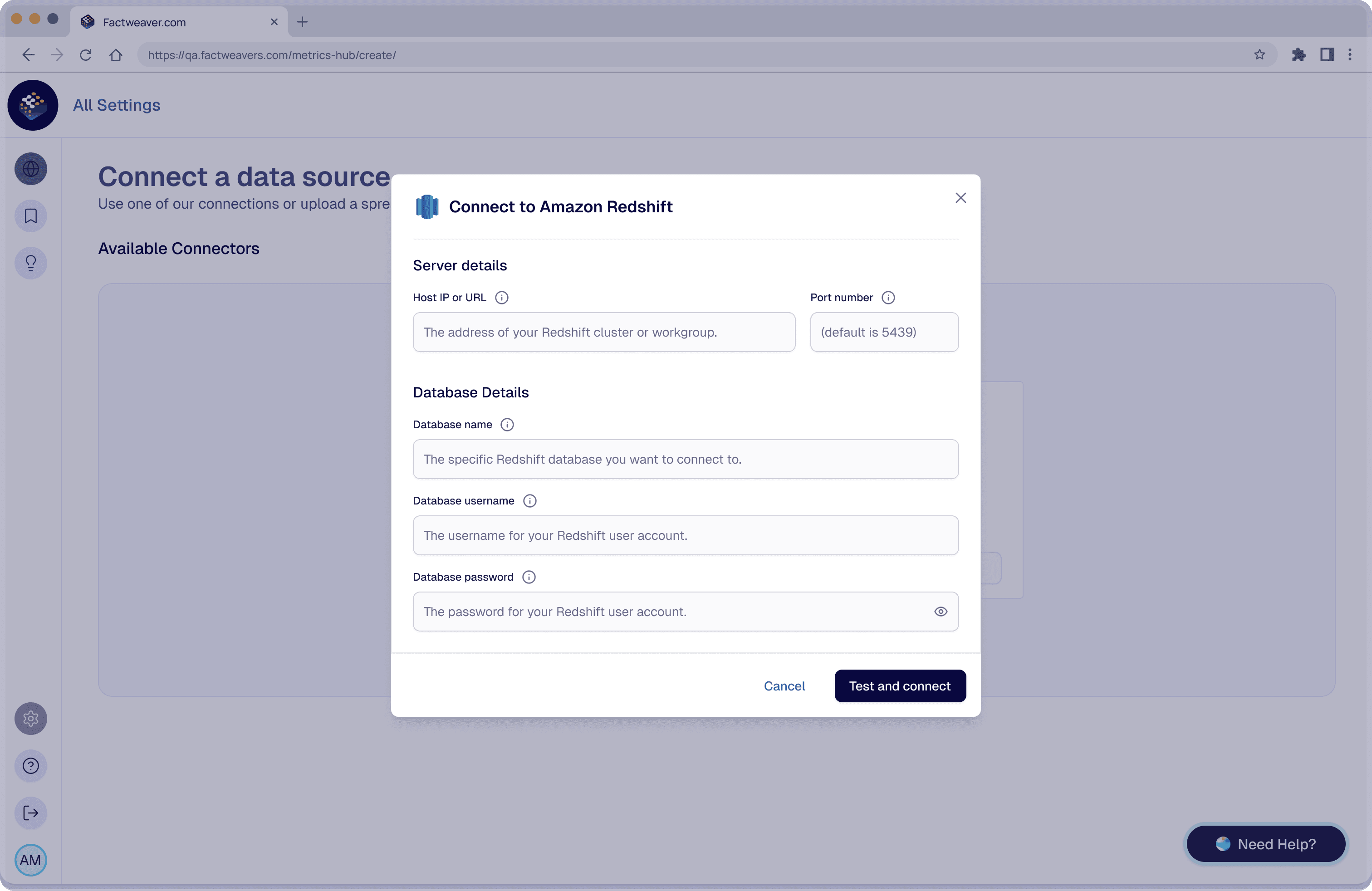 FactWeavers Amazon Redshift connection dialog requesting host, port, database name, username, and password.