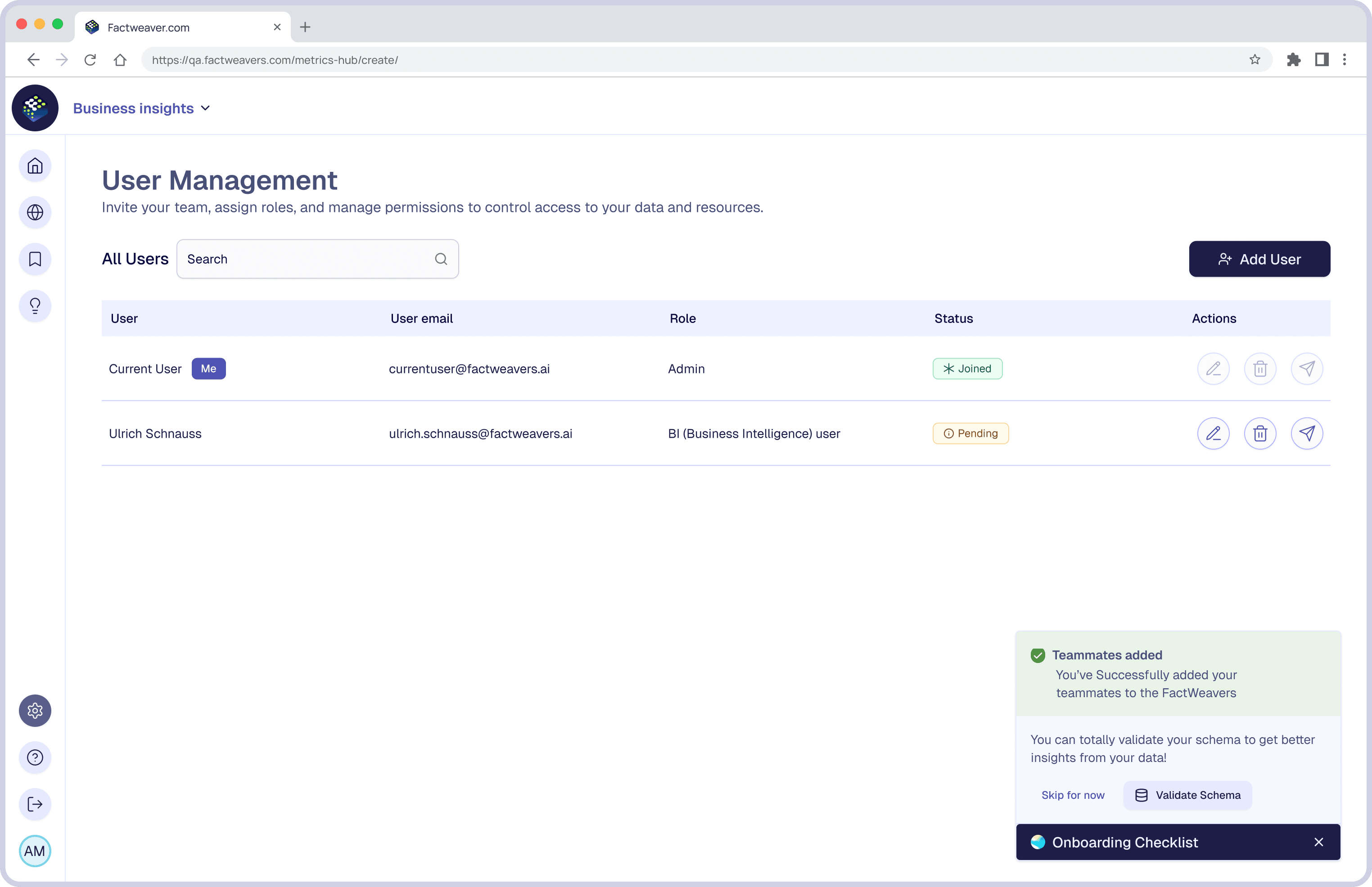 FactWeavers user management table showing an invited teammate with their assigned role and pending status.