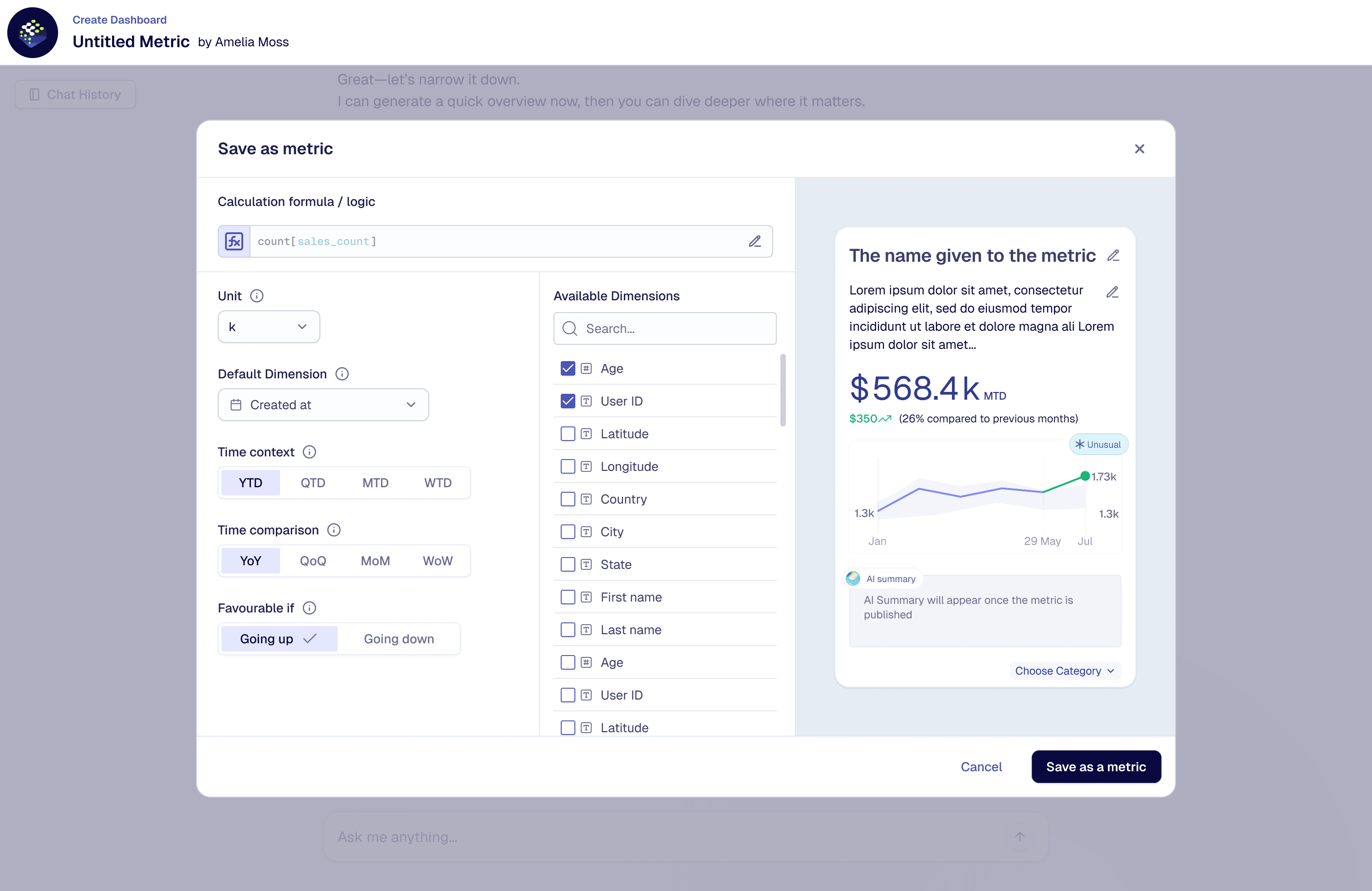 FactWeavers save-as-metric modal showing calculation logic, unit, default dimension, time context, and time comparison settings.