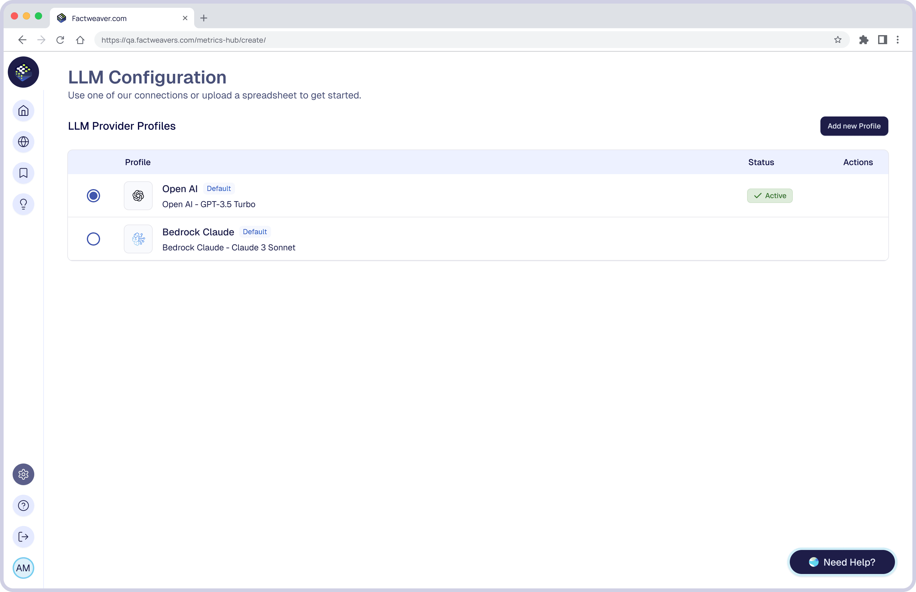 FactWeavers entity selection screen for choosing the dataset structure and attributes a metric will be built on.