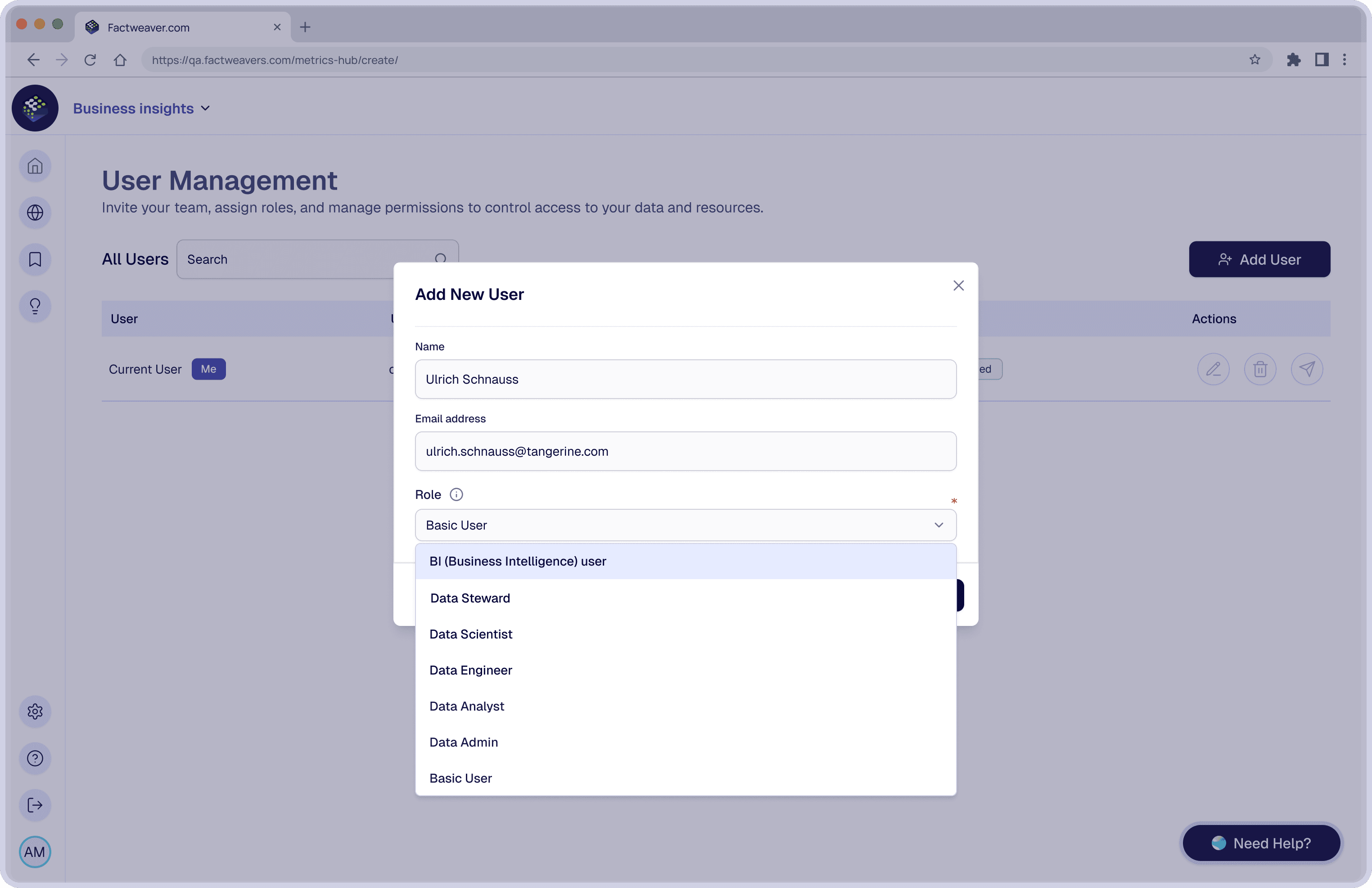 FactWeavers add-new-user dialog with a role dropdown listing BI user, Data Steward, Data Scientist, Data Engineer, Data Analyst, and Data Admin.